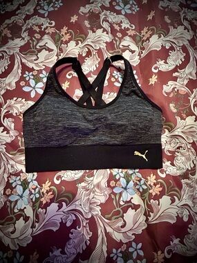 NWOT - Puma Black Heathered Sports Bra with Gold Puma Logo